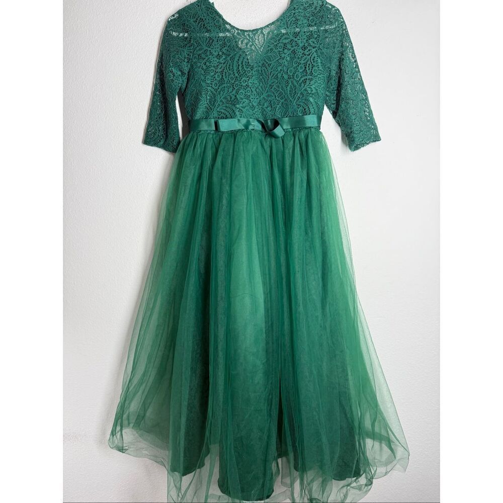 Girls Dress Lace Flower Green 3/4 Sleeve Satin Bowknot Mesh Tulle Size16 Lined